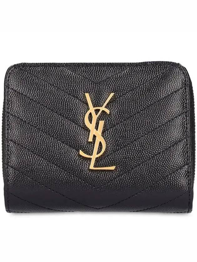 Luxury Saint Laurent Monogram Matelasse Compact Zipper Around Half Wallet Black