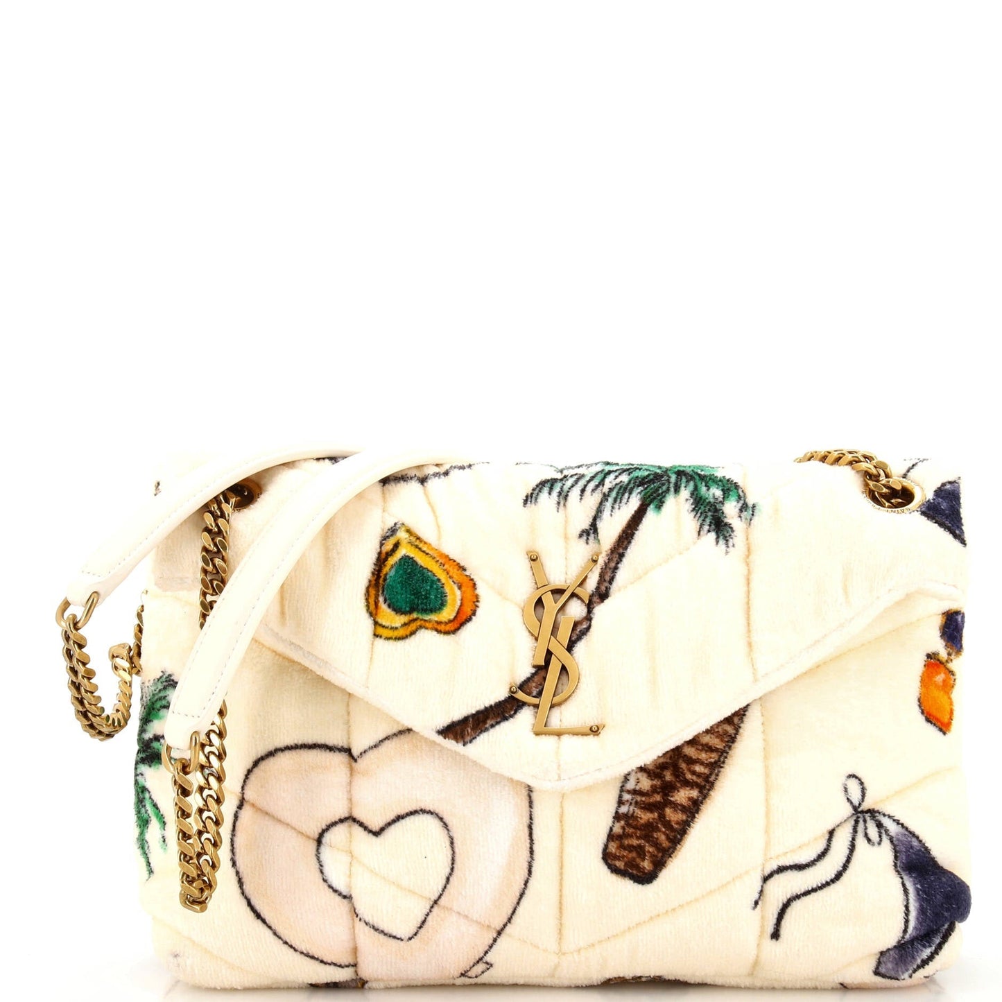 Luxury Saint Laurent Loulou Puffer Shoulder Bag Quilted Printed Terry Cloth Small