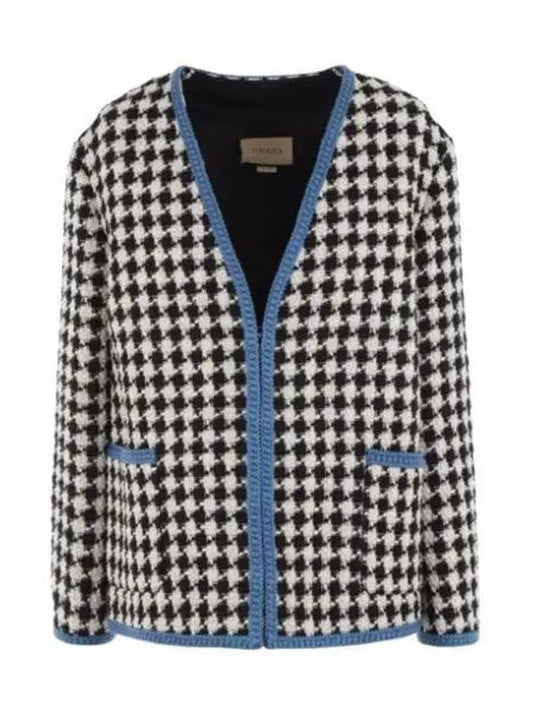 Luxury Gucci Trending 2025 Women's Gingham Tweed Jacket Ivory Blue