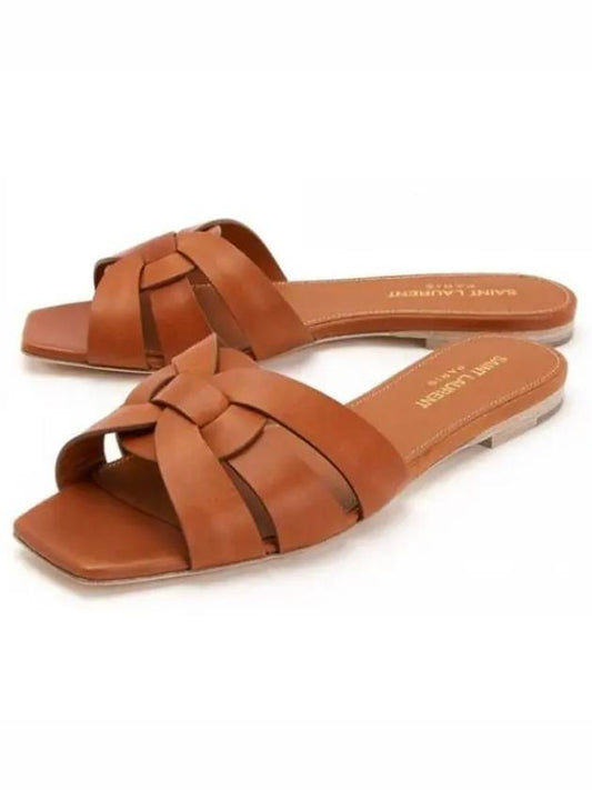 Luxury Saint Laurent Tribute Smooth Leather Flat Mules Amber
