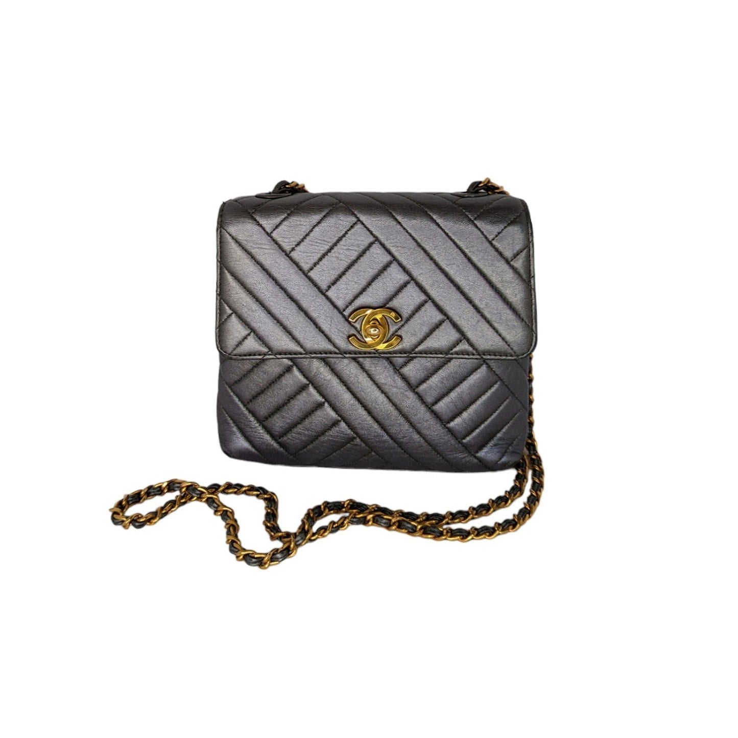 Luxury Chanel Vintage Chevron Quilted Square Flap Bag
