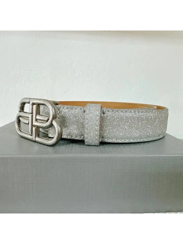 Luxury Balenciaga BB Buckle Glitter Calf Leather Belt Silver