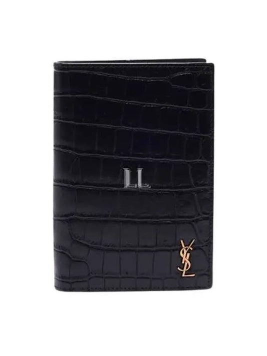 Luxury Saint Laurent Monogram Crocodile Card Passport Wallet Black