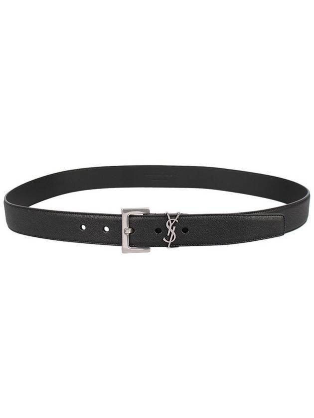 Luxury Saint Laurent Silver Hardware Monogram Buckle Leather Belt Black