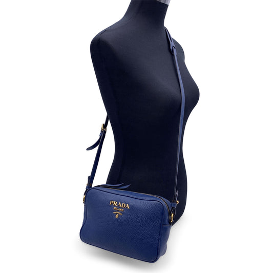 Luxury PradaBlue Vitello Phenix Leather Crossbody Messenger Camera Bag
