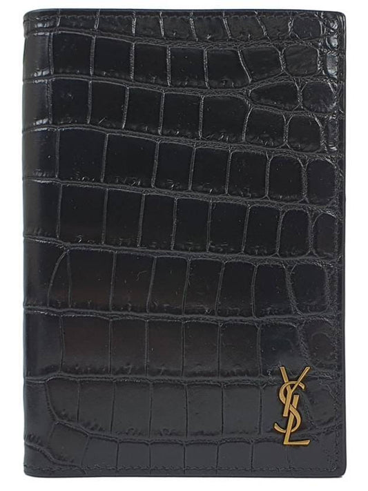 Luxury Saint Laurent Monogram Crocodile Card Passport Wallet Black