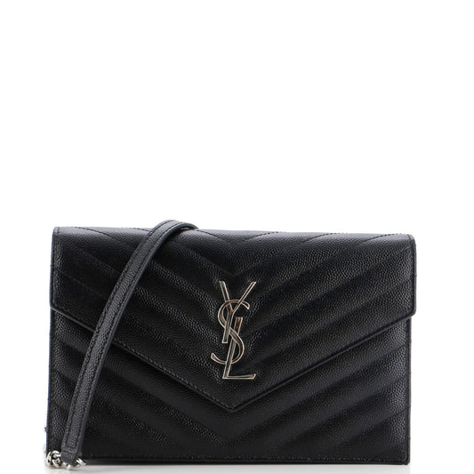 Luxury Saint Laurent Classic Monogram Wallet on Chain Matelasse Chevron Leather Small