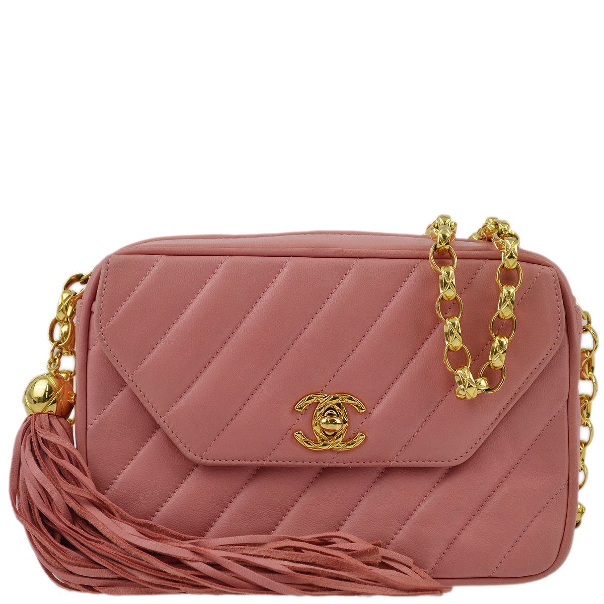 Chanel 1991-1994 Pink Lambskin Mini Diagonal Stitch Camera Bag