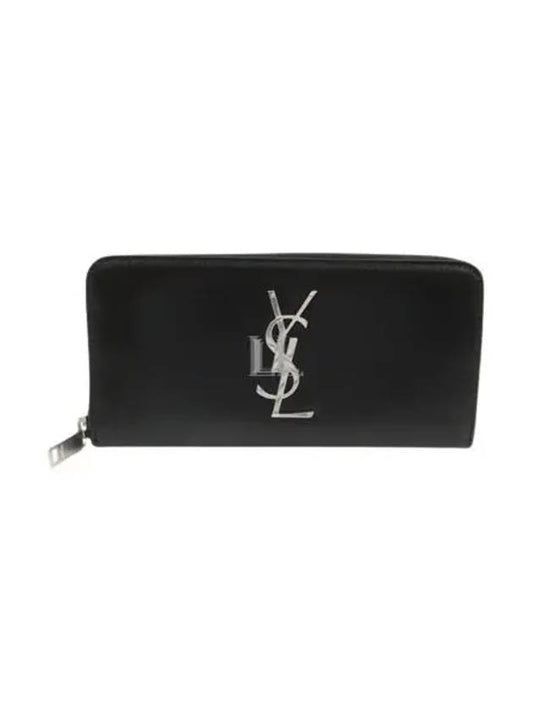 Luxury Saint Laurent Monogram Silver Logo Zip Around Long Wallet Black
