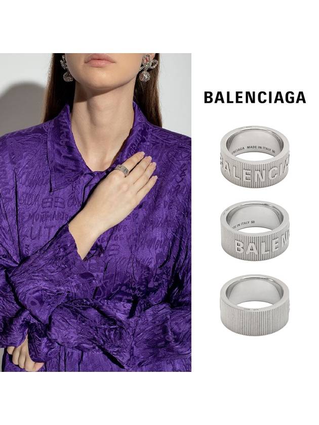 Luxury Balenciaga Striped Logo Ring Silver