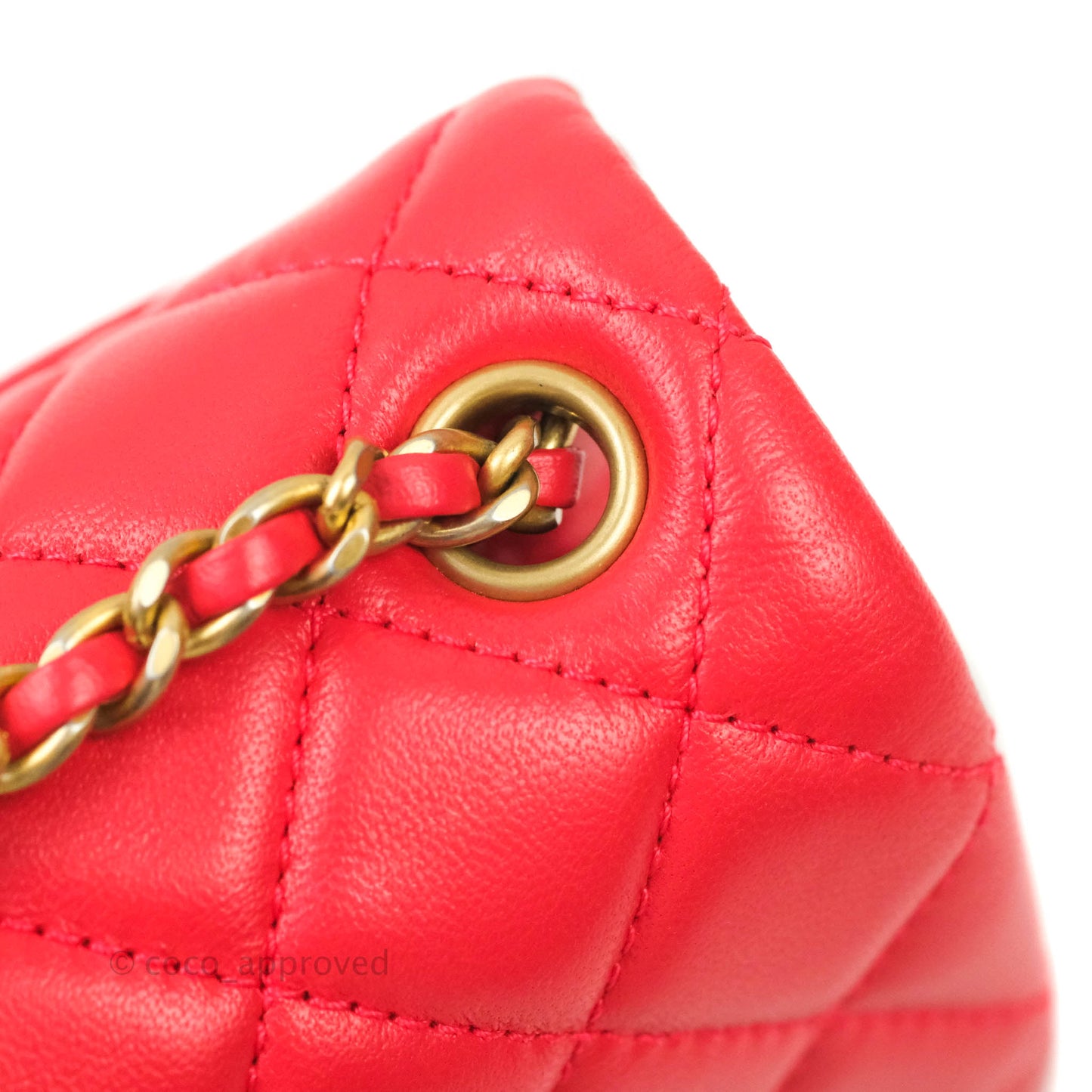 Chanel Mini Square Pearl Crush Quilted Red Lambskin Aged Gold Hardware