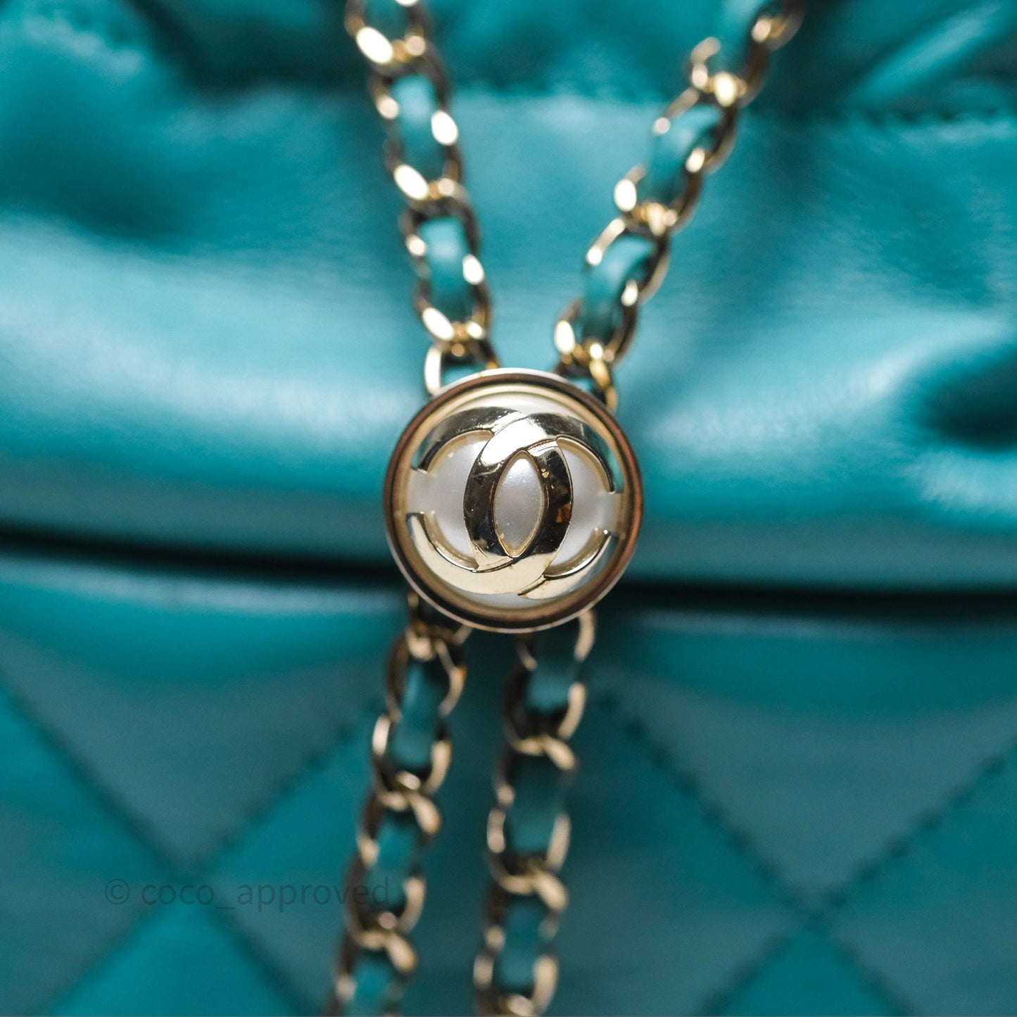 Chanel Pearl CC Drawstring Bucket Bag Teal Green Lambskin Gold Hardware