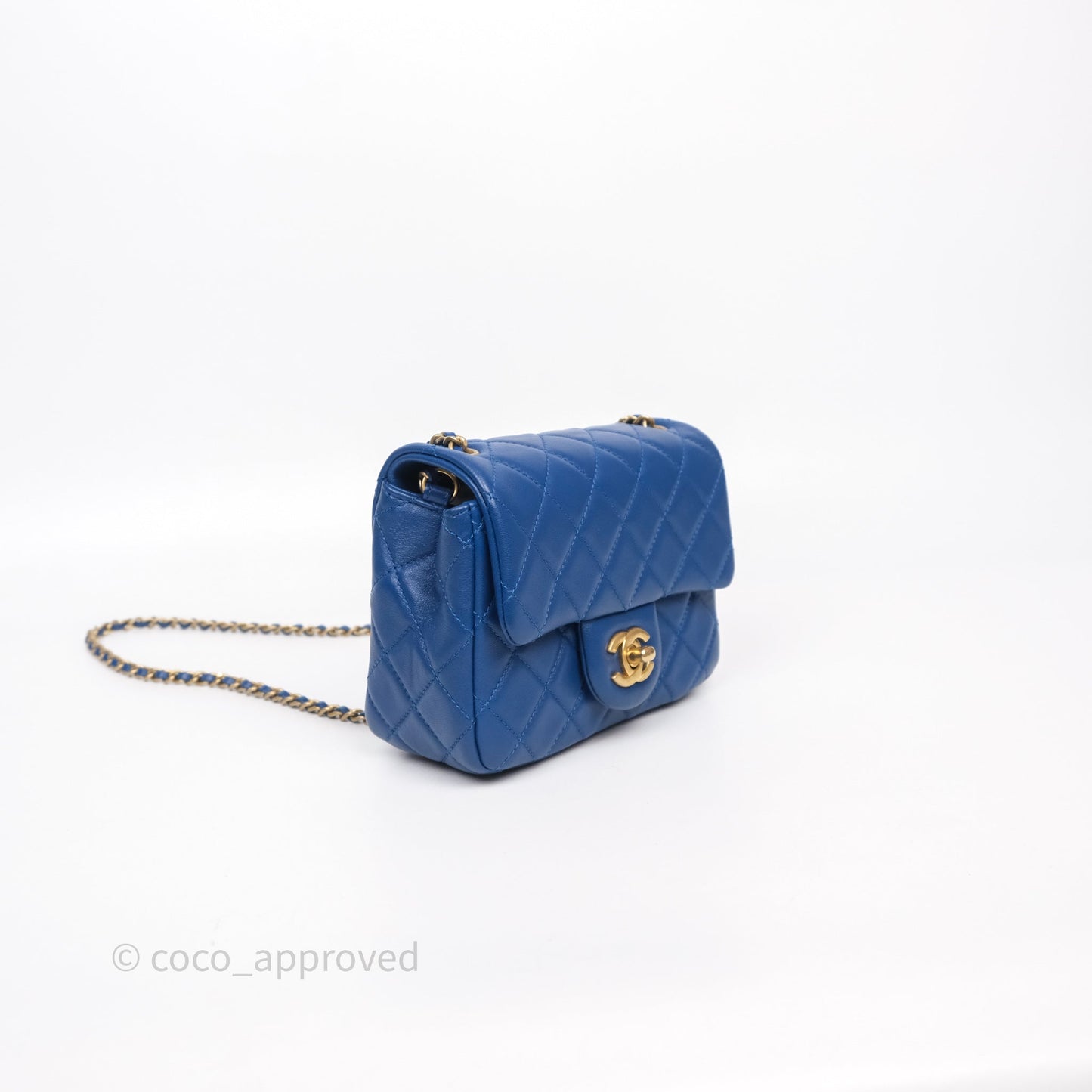 Chanel Pearl Crush Mini Square Quilted Blue Lambskin Aged Gold Hardware