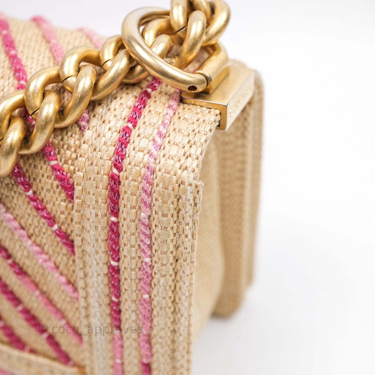Chanel Small Boy Chevron Raffia Metallic Pink Aged Gold Hardware