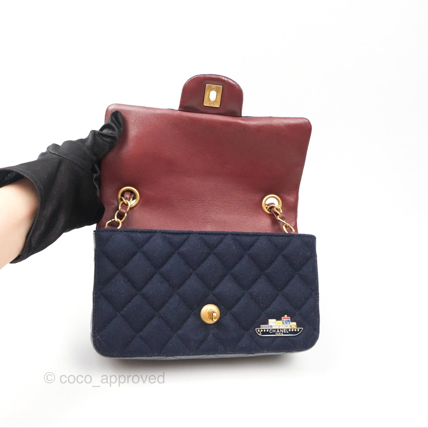 Chanel Mini Charms Rectangular Flap Navy Wool Aged Gold Hardware 18C