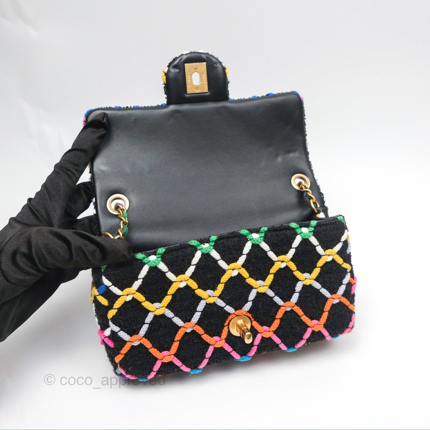Chanel Mini Rectangular Pearl Crush Quilted Multicolor Tweed Aged Gold Hardware 22S