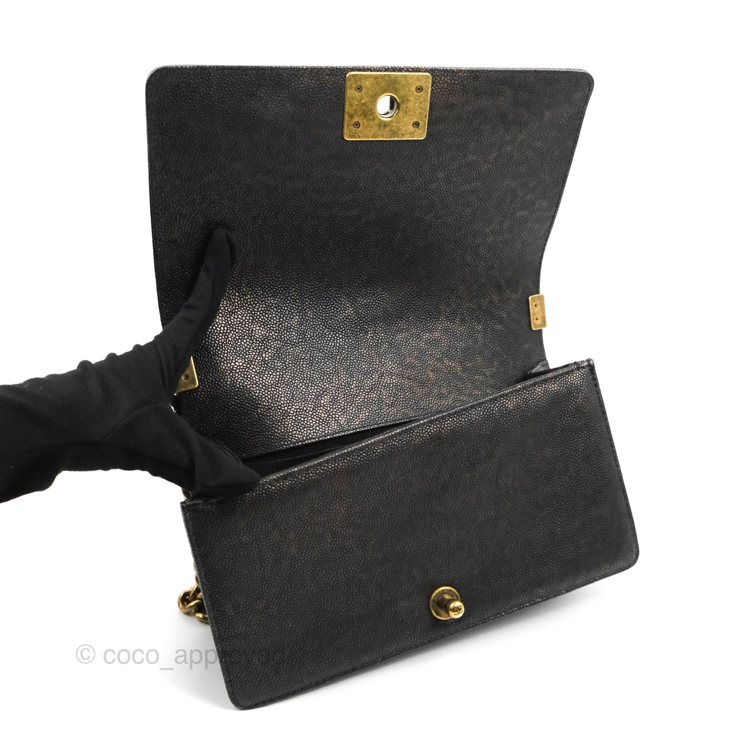 Chanel Medium Braid Around Boy Flap Patinated Caviar Chevron Black Aged Gold Hardware