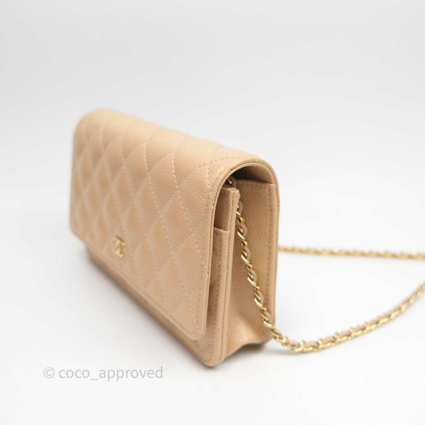 Chanel Quilted Classic Wallet on Chain WOC Beige Caviar Gold Hardware