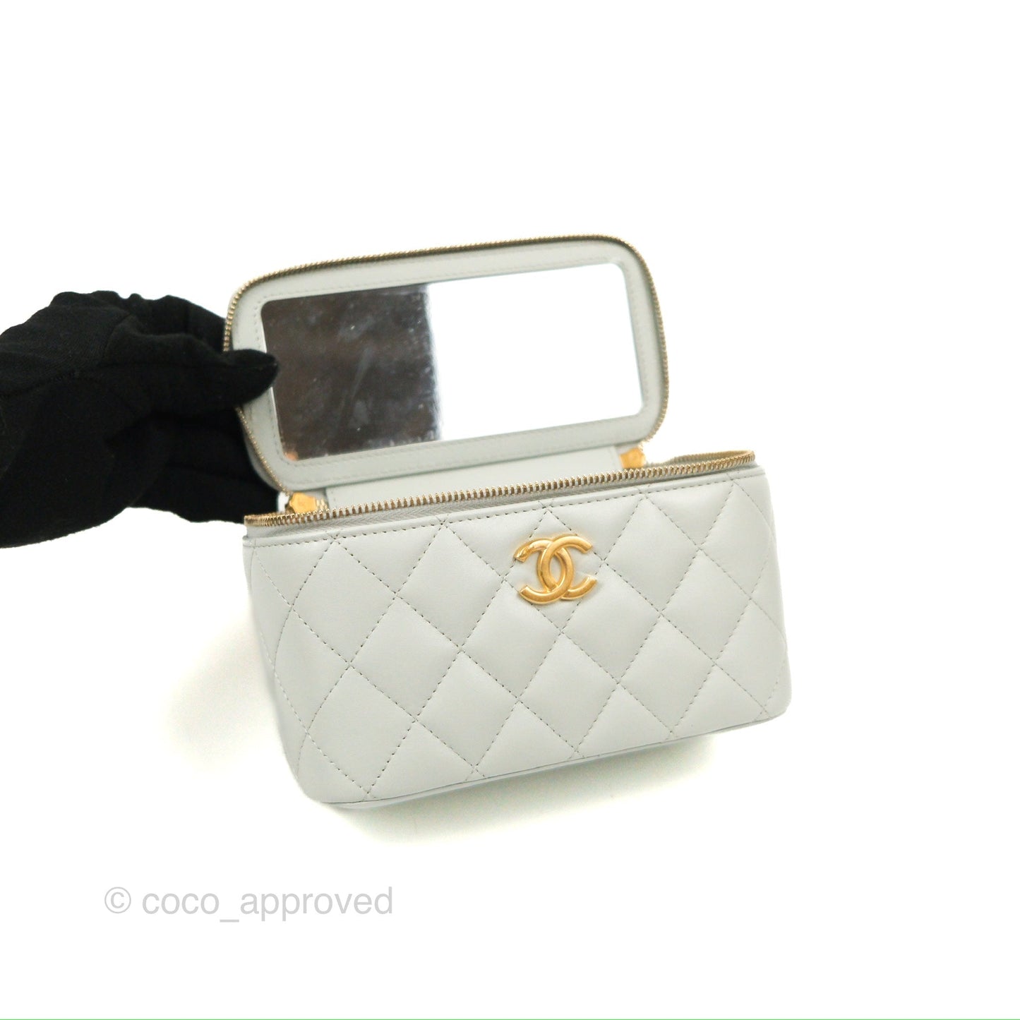Chanel Quilted Vanity Rectangular with Camellia Adjustable Chain Light Blue Lambskin 23S