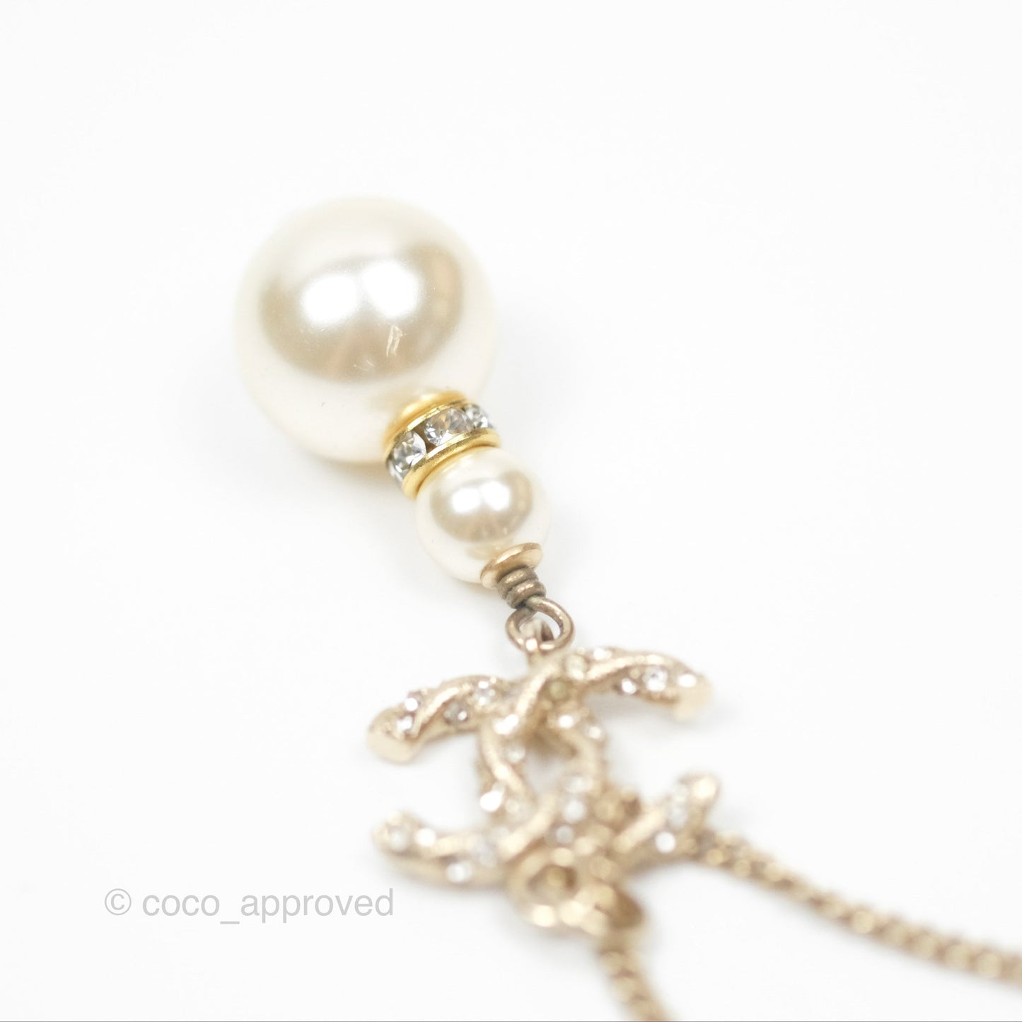 Chanel Crystal Pearl CC Drop Necklace Gold Tone 18B