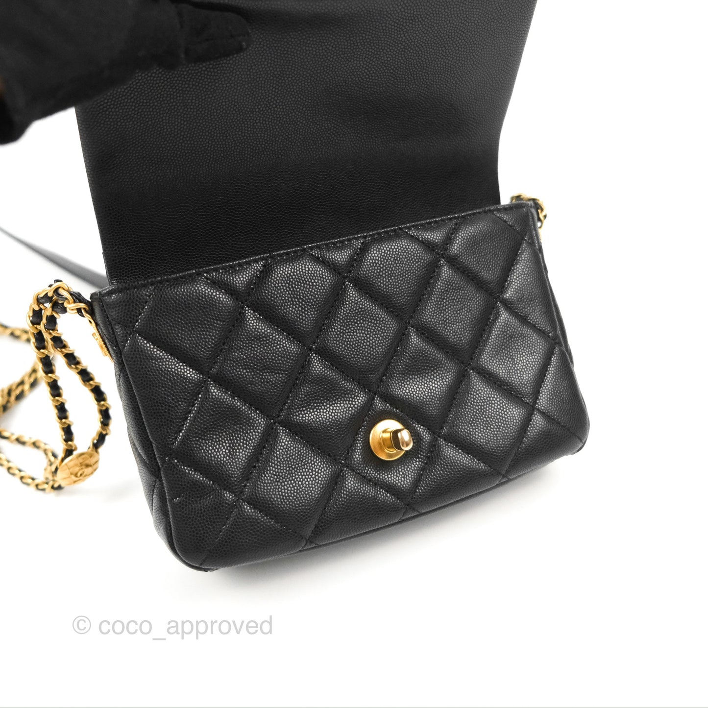 Chanel Small Flap with Coin Charm Black Caviar Aged Gold Hardware 22A
