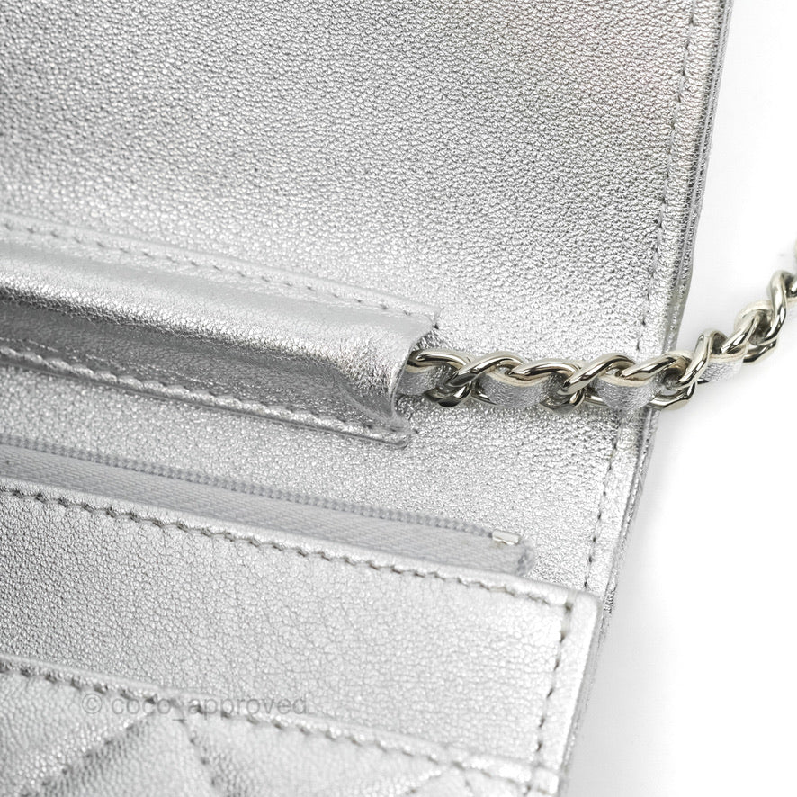 Chanel Quilted Wallet on Chain WOC Silver Lambskin Silver Hardware