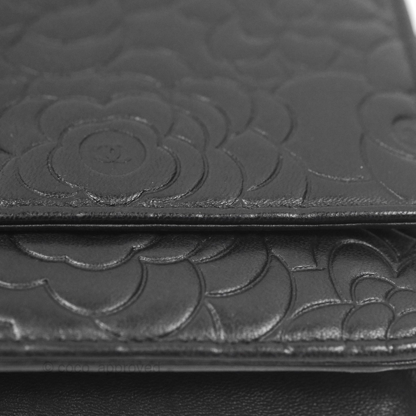 Chanel Camellia Embossed Wallet on Chain WOC Black Lambskin Silver Hardware