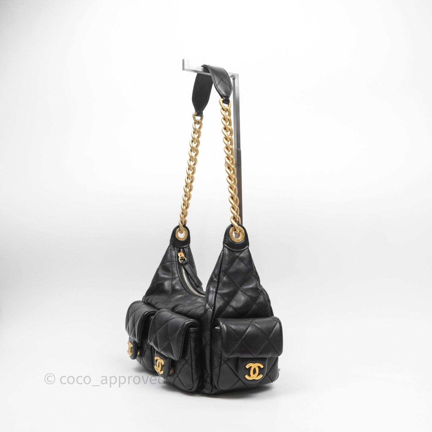 Chanel Small Quilted Trendy Double Pocket Hobo Black Lambskin Gold Hardware