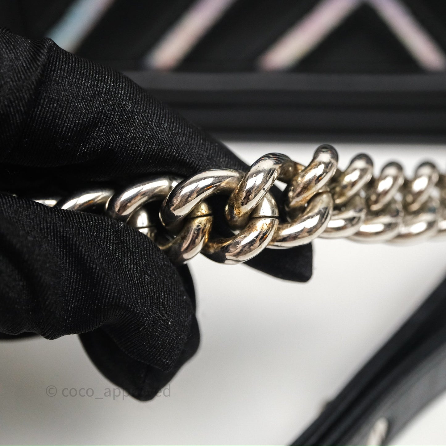 Chanel Medium Boy Chevron Iridescent PVC Lambskin Black Silver Hardware