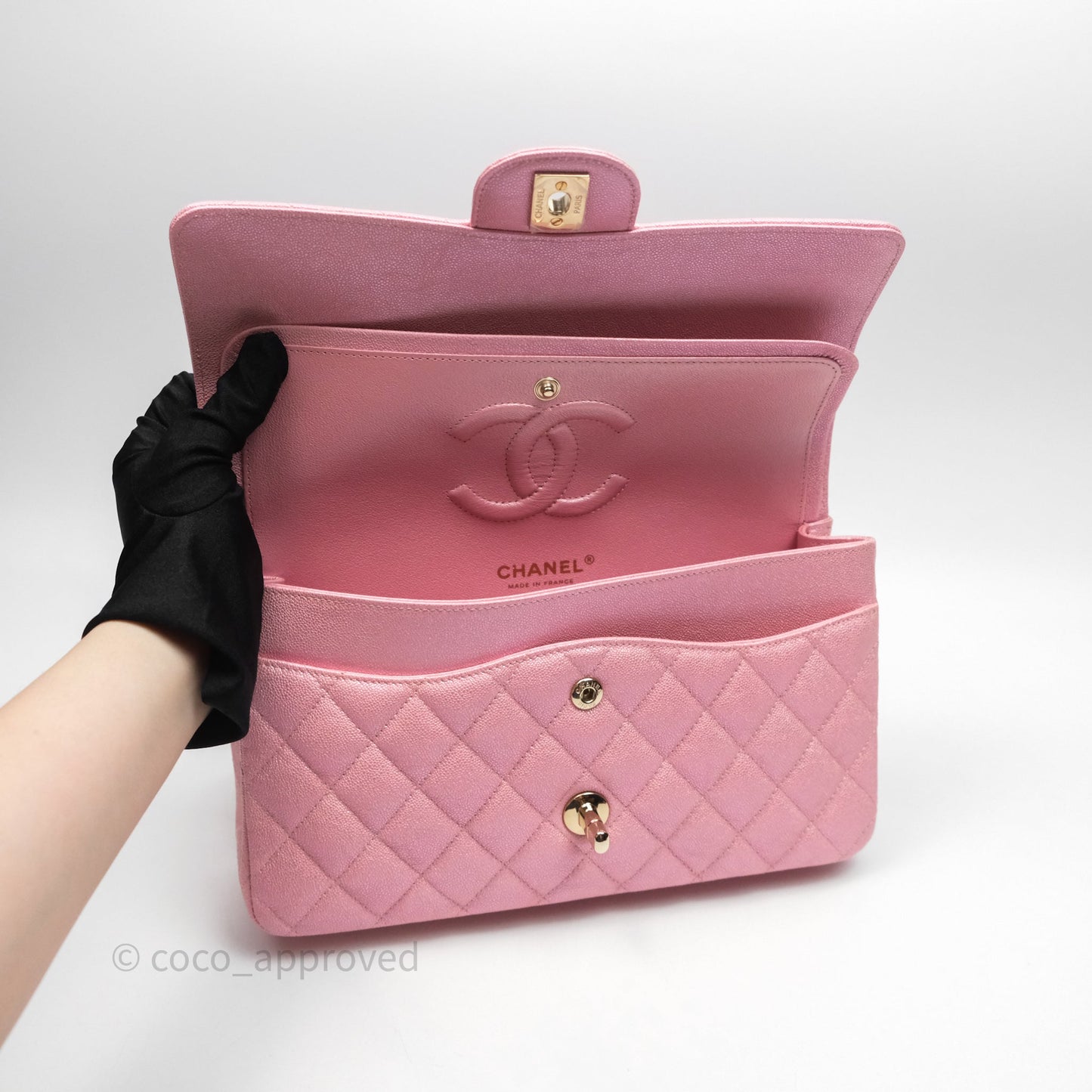 Chanel Quilted Classic M/L Medium Flap Iridescent Pink Caviar Gold Hardware 19S