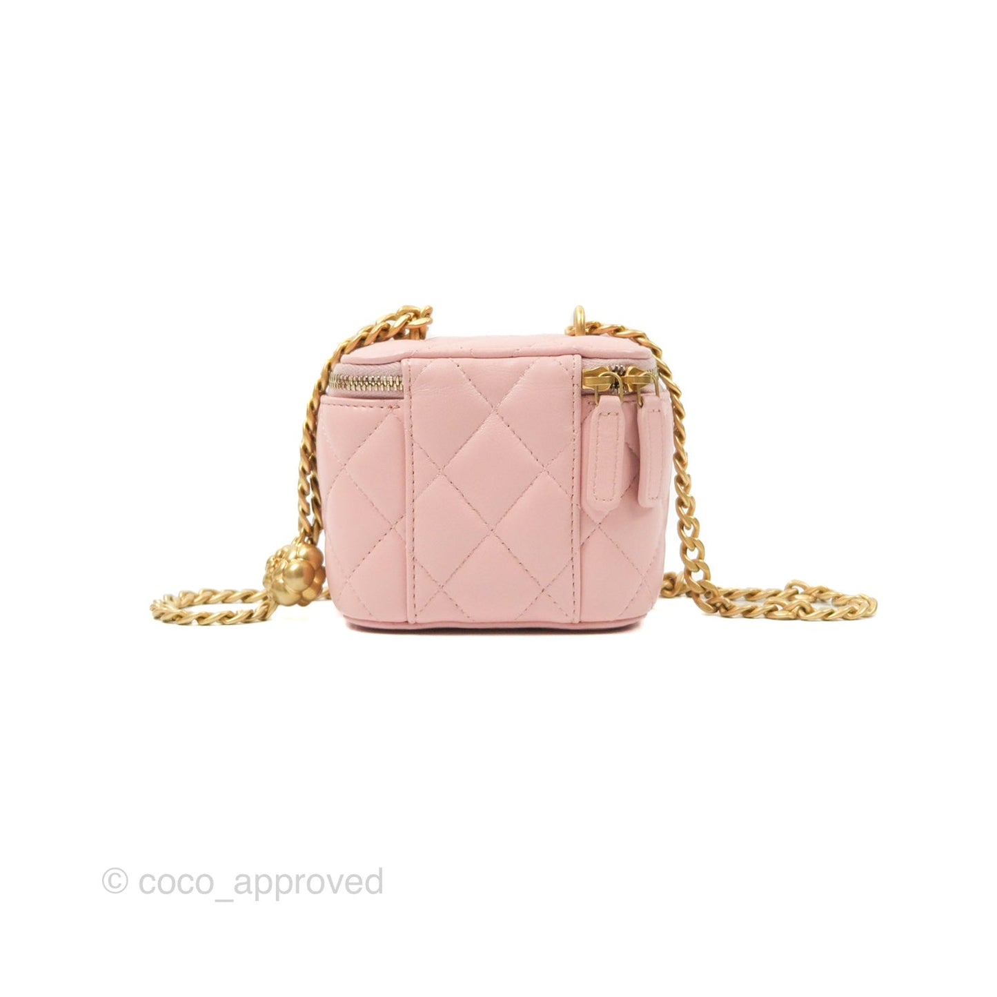 Chanel Mini Vanity With Chain Adjustable Camellia Light Pink Lambskin Aged Gold Hardware