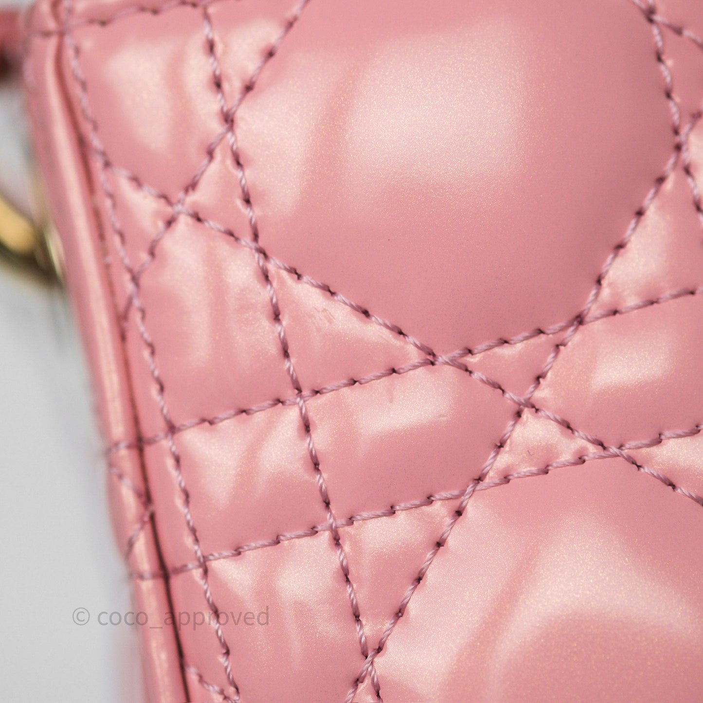 Dior Mini Lady Dior Pink Pearlescent Patent Cannage Gold Hardware