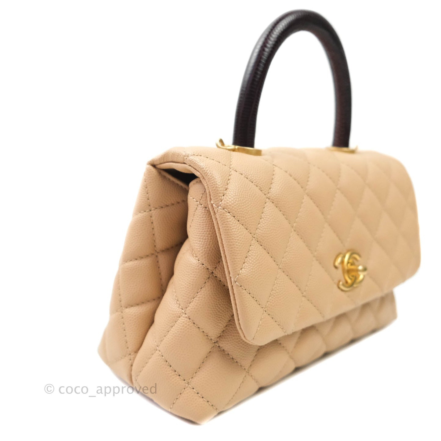 Chanel Mini (Small) Coco Handle Quilted Beige Caviar Gold Hardware Embossed Lizard Handle