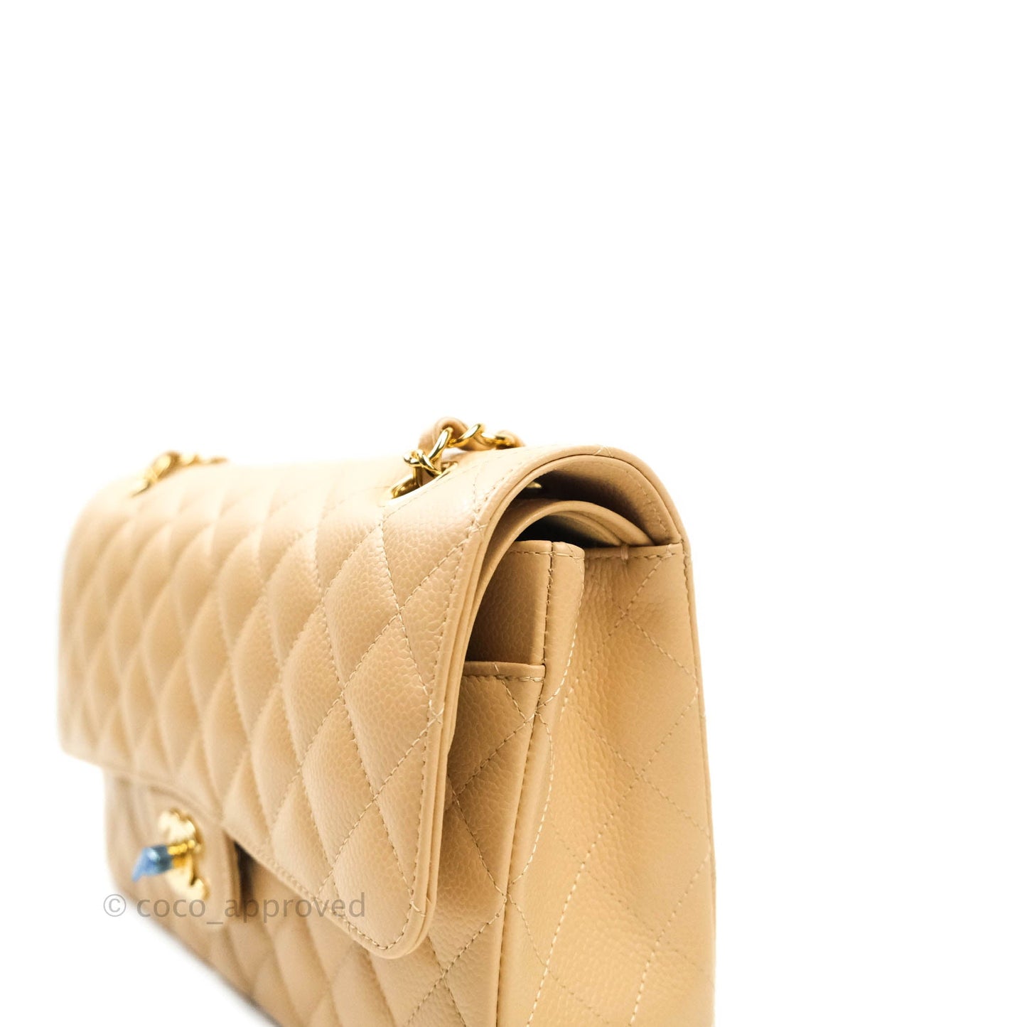 Chanel M/L Medium Quilted Caviar Double Flap Beige Gold Hardware
