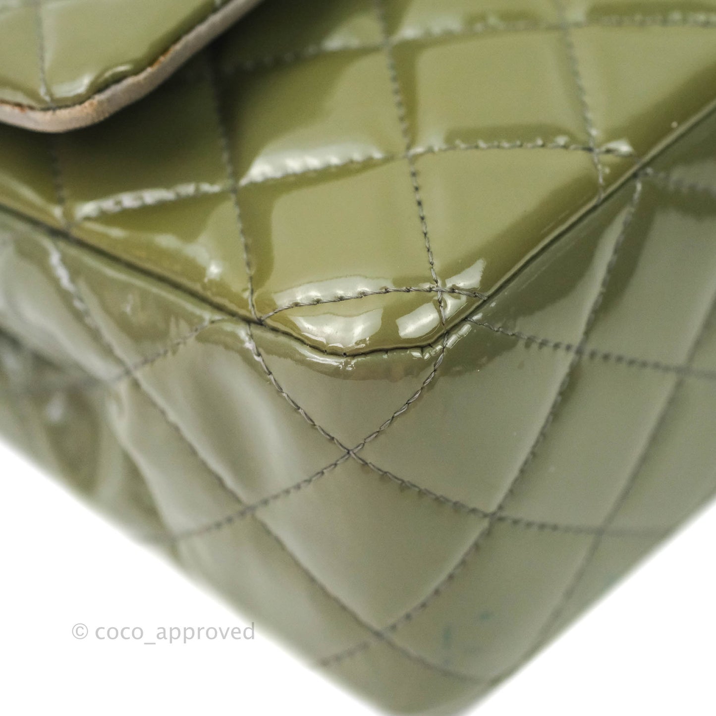 Chanel Classic M/L Medium Double Flap Olive Green Patent Silver Hardware