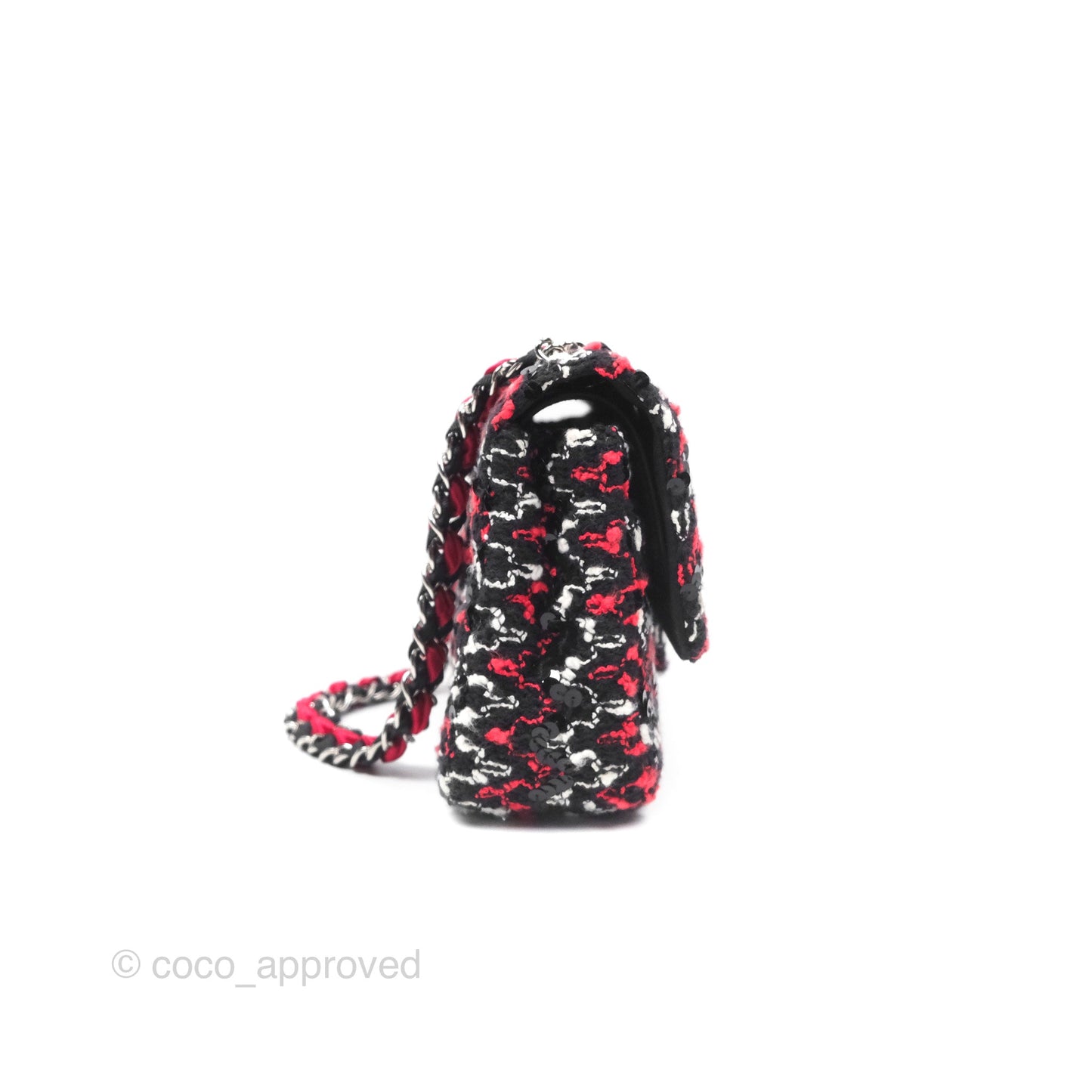 Chanel Shoulder Flap Bag Red/ Black/ White Tweed Sequins Silver Hardware