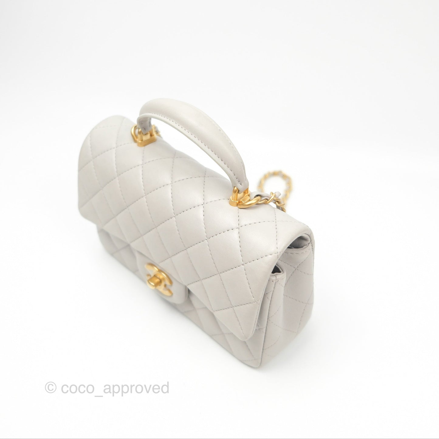 Chanel Top Handle Mini Rectangular Flap Bag Light Grey Lambskin Aged Gold Hardware