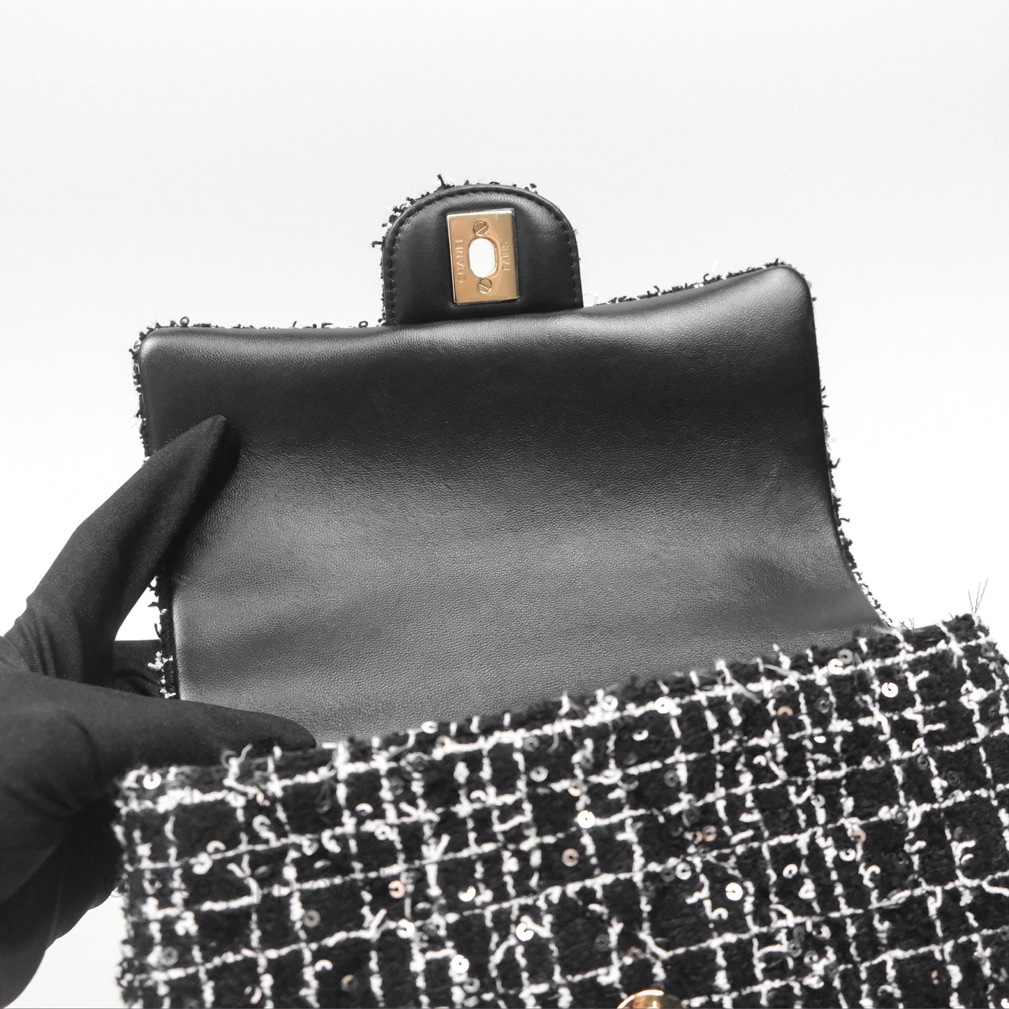 Chanel Top Handle Mini Rectangular Flap Black/ White Sequin Tweed Gold Hardware 24P