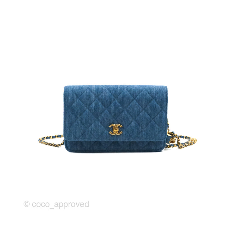 Chanel Quilted Pearl Crush Wallet on Chain WOC Denim Aged Gold Hardware