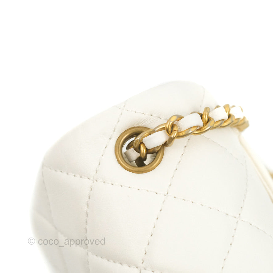 Chanel Mini Square Pearl Crush Quilted White Lambskin Aged Gold Hardware