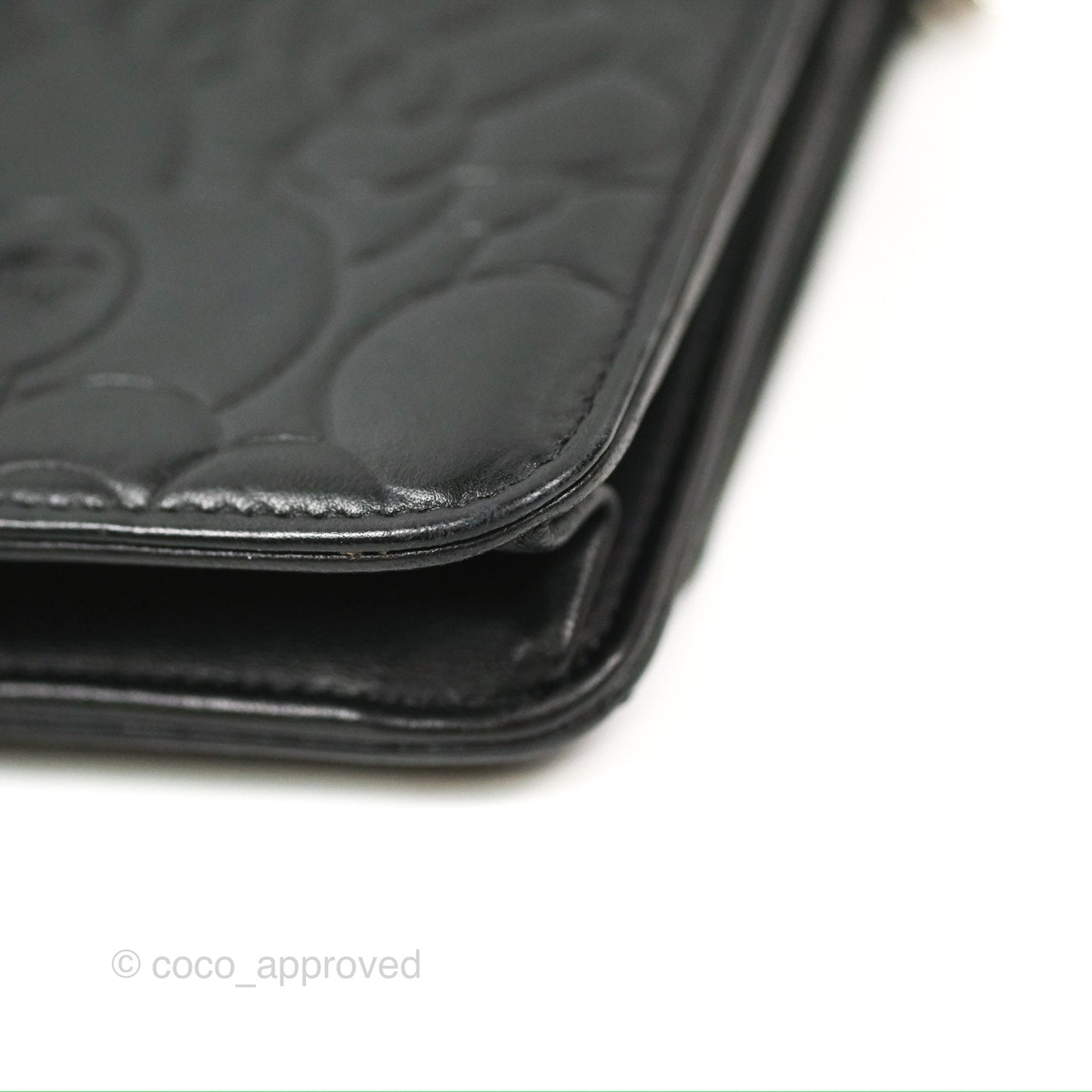 Chanel Camellia Embossed Wallet on Chain WOC Black Lambskin Silver Hardware