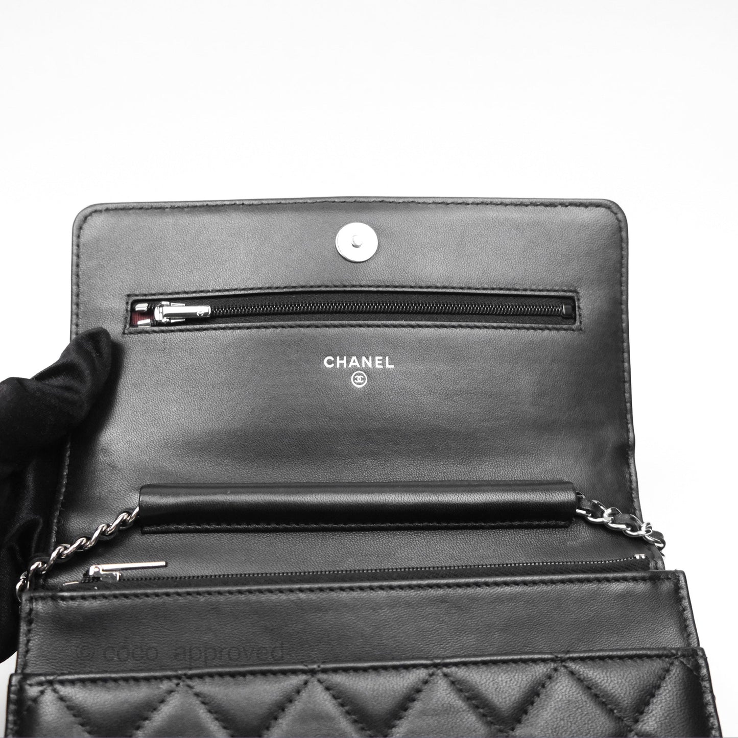 Chanel Quilted Classic Wallet on Chain WOC Black Lambskin Silver Hardware