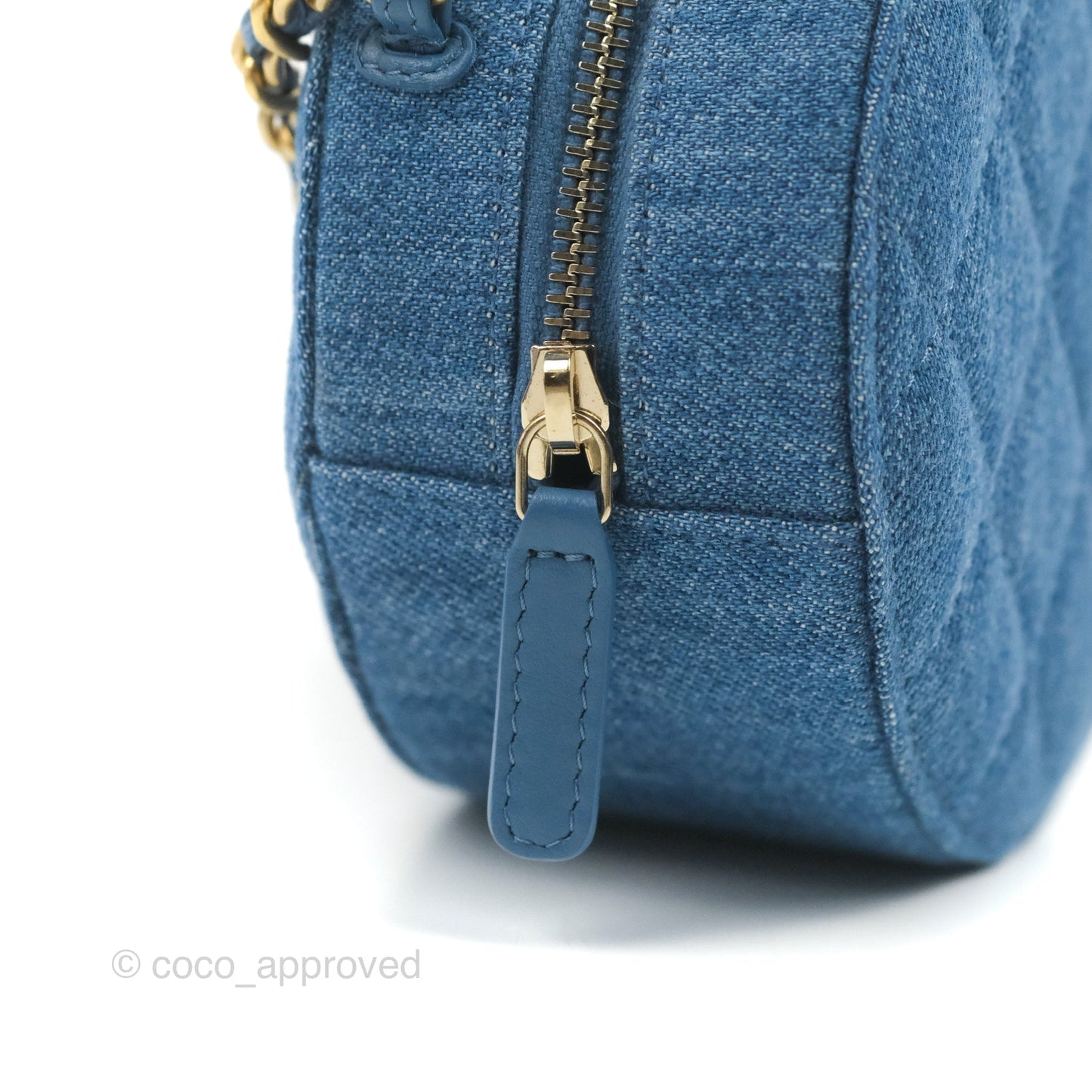 Chanel Quilted Pearl Crush Round Clutch With Chain Denim Aged Gold Hardware