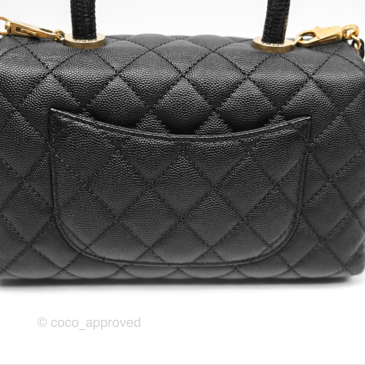 Chanel Small Coco Handle Quilted Black Caviar Aged Gold Hardware Lizard Handle