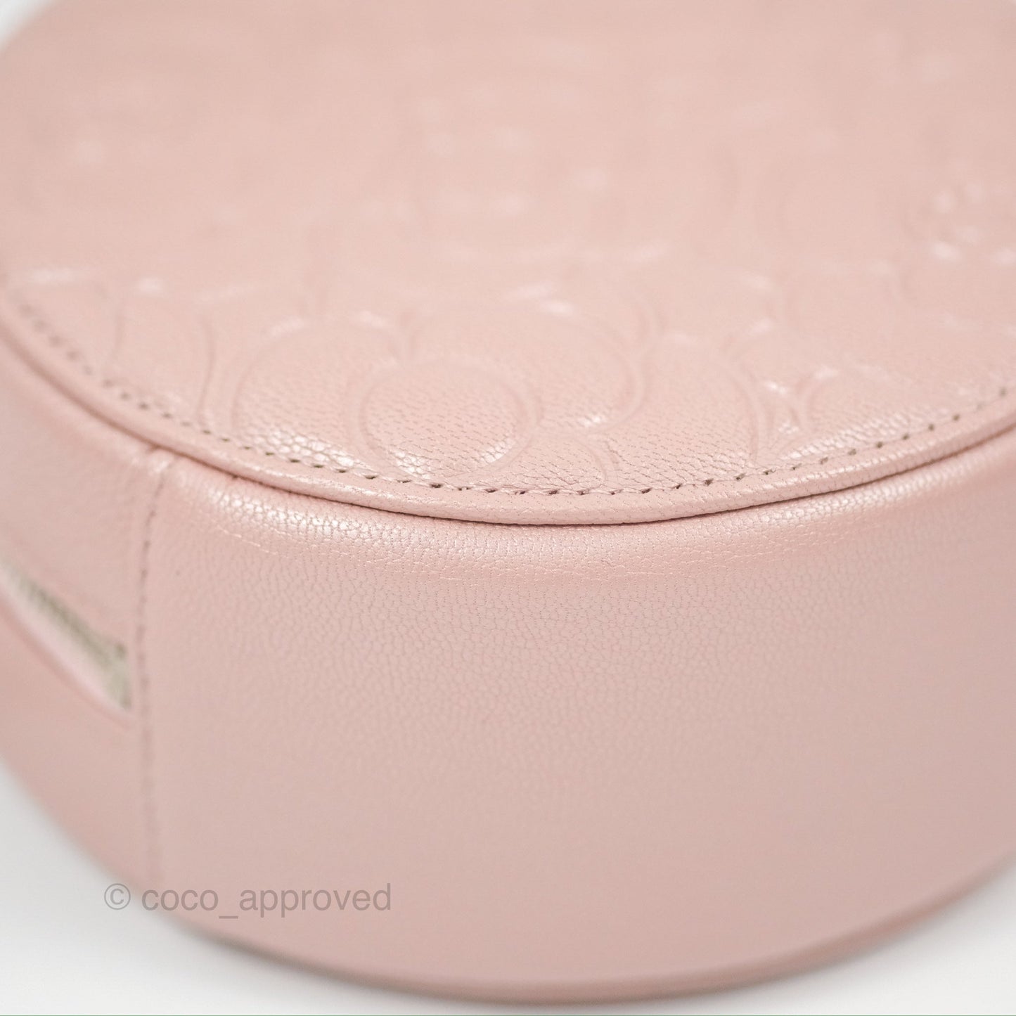 Chanel Camellia Embossed Round Clutch With Chain Iridescent Light Pink Goatskin Silver Hardware