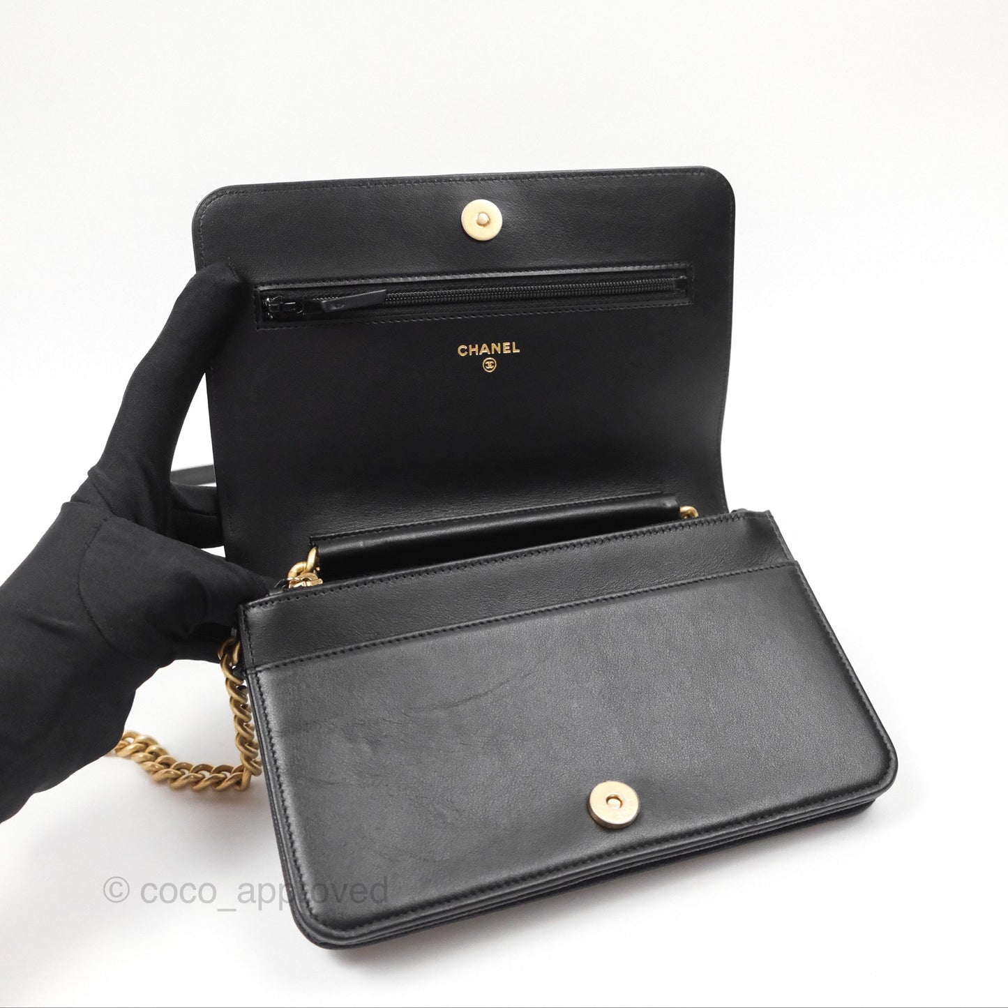 Chanel Quilted Boy Wallet on Chain WOC Black Caviar Age Gold Hardware