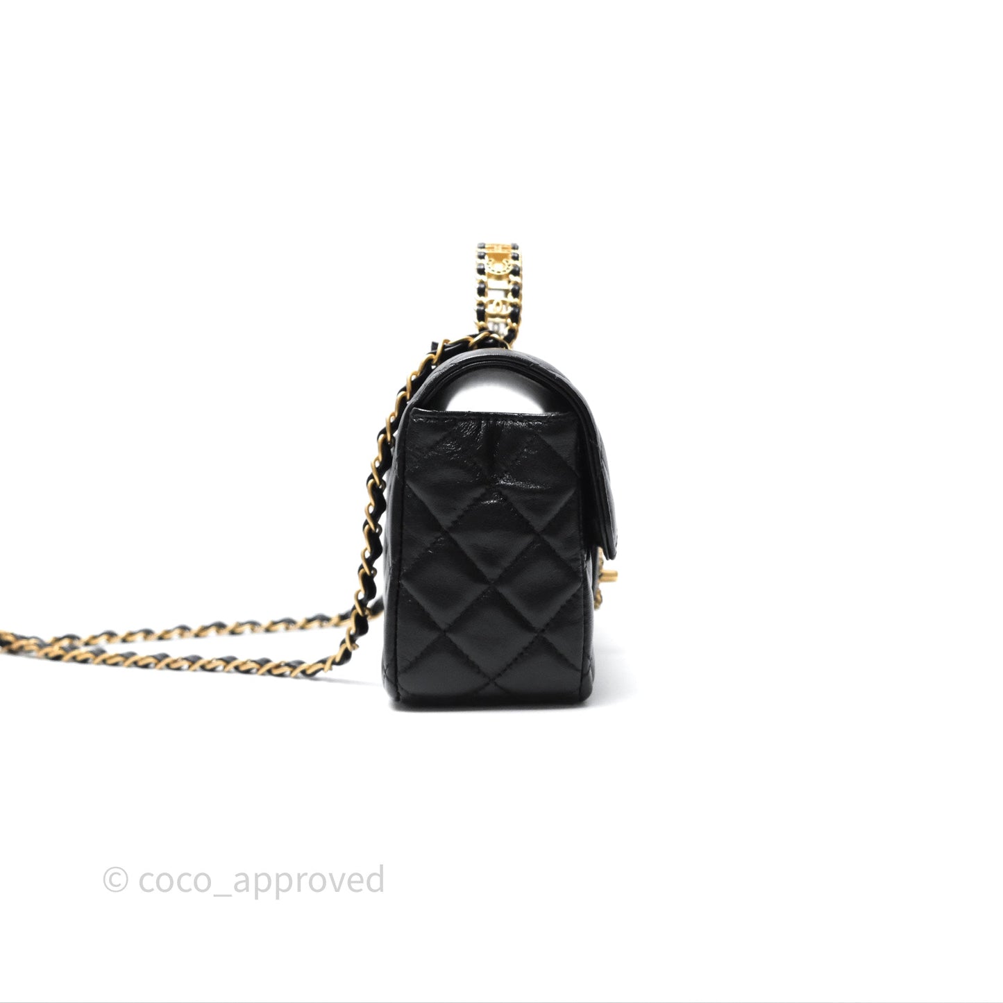 Chanel Flap Bag with Crystal Logo Top Handle Black Lambskin Aged Gold Hardware