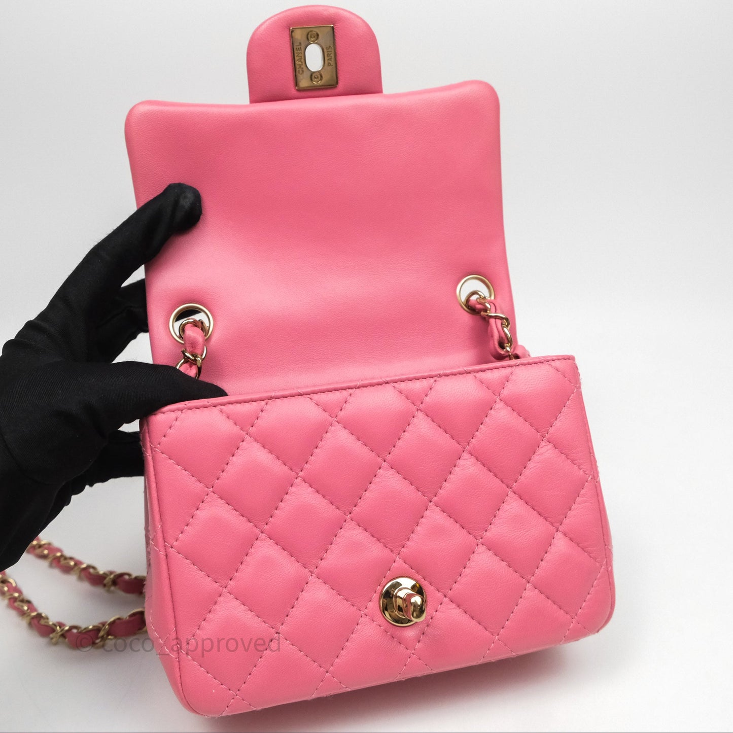 Chanel Mini Square Flap Quilted Pink Lambskin Gold Hardware