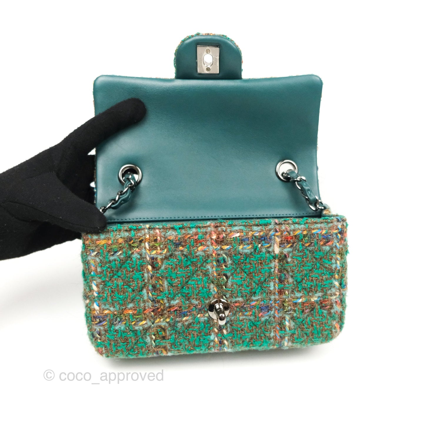 Chanel Mini Rectangular Flap Quilted Green Tweed Gun Metal 23A