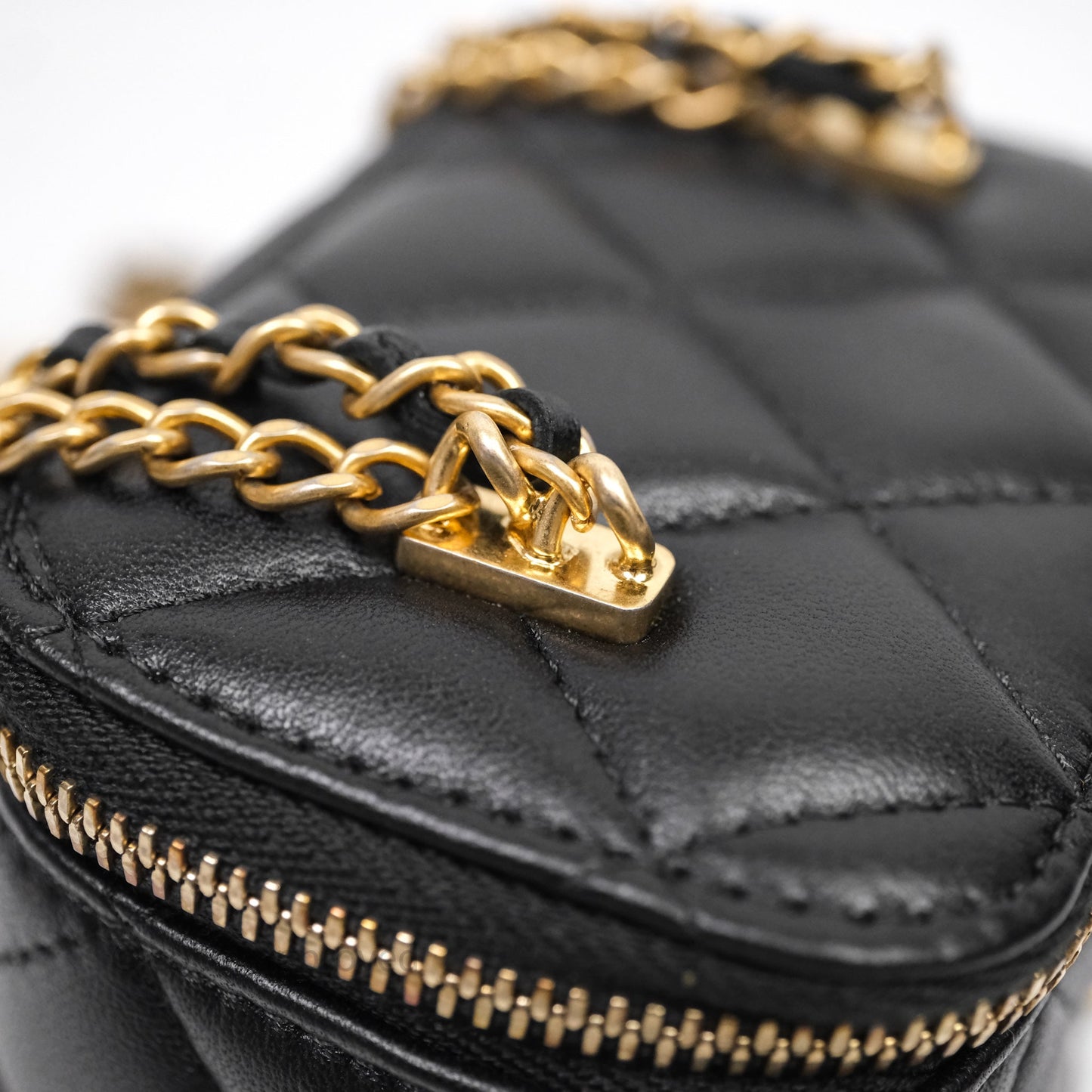 Chanel Mini Vanity With Double Chain Black Lambskin Aged Gold Hardware